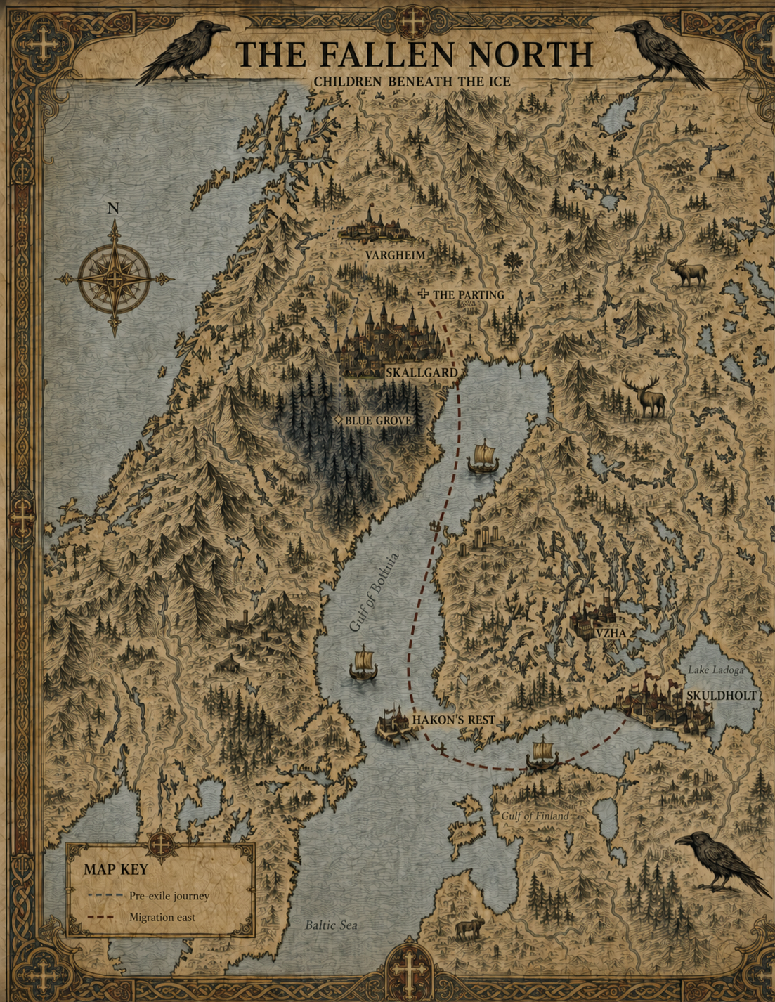 Illustrated parchment map of The Fallen North showing the northern homelands, Baltic waterways, and eastern settlements.